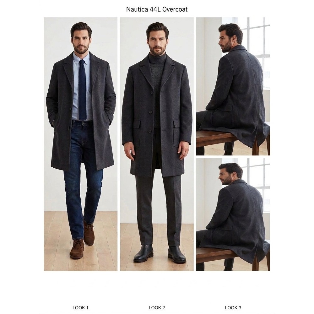 Nautica Mens Charcoal Grey Wool Blend Pea Over-Top Coat Jacket 44L A2694